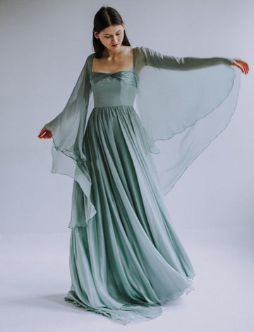 Muted Green A Line Long Sleeve Chiffon Prom Dress Party Dress HZ1023